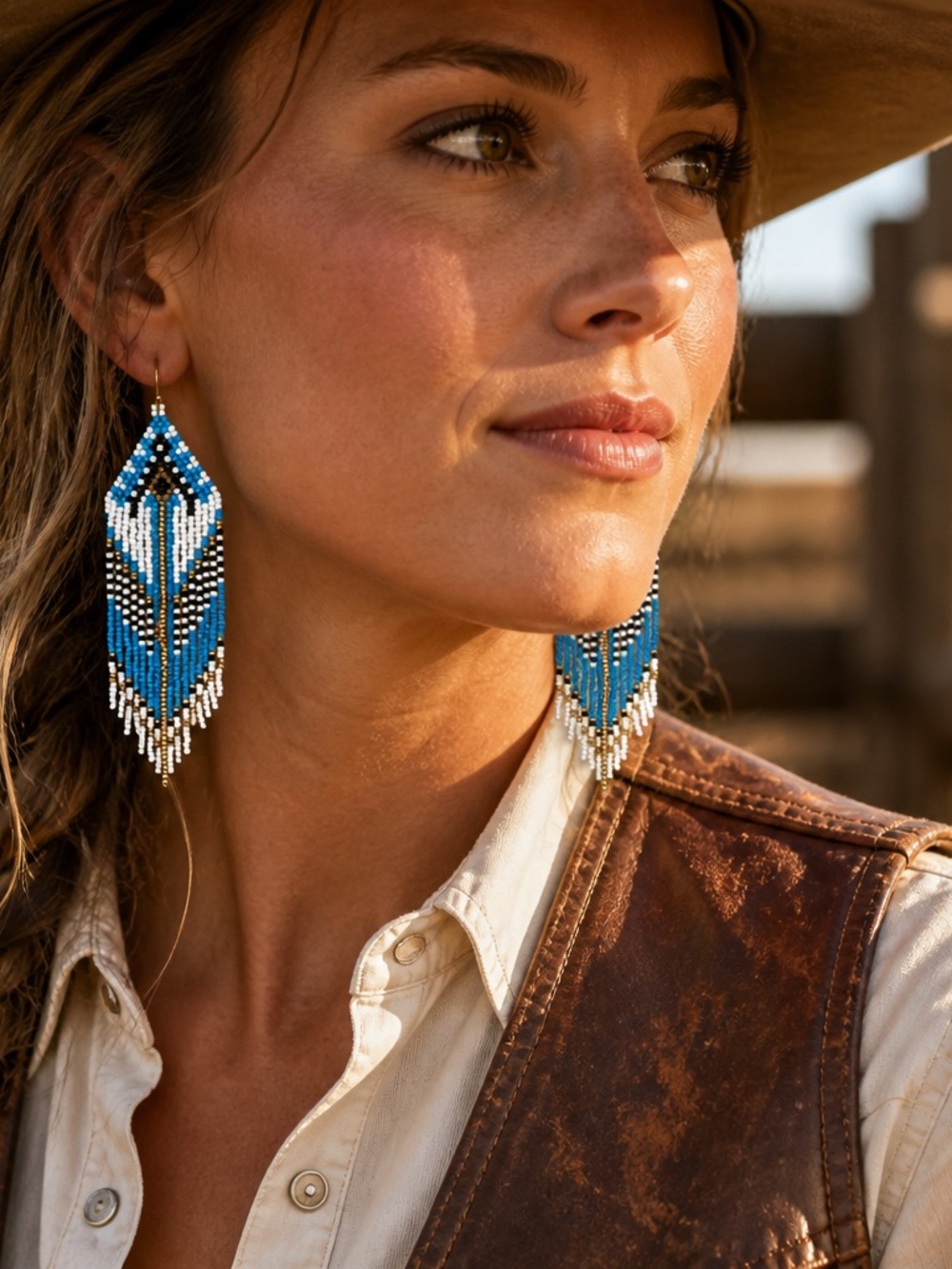 Blue White Beaded Fringe Tassel Earrings Boho Western Cowgirl - Picture 2 of 8